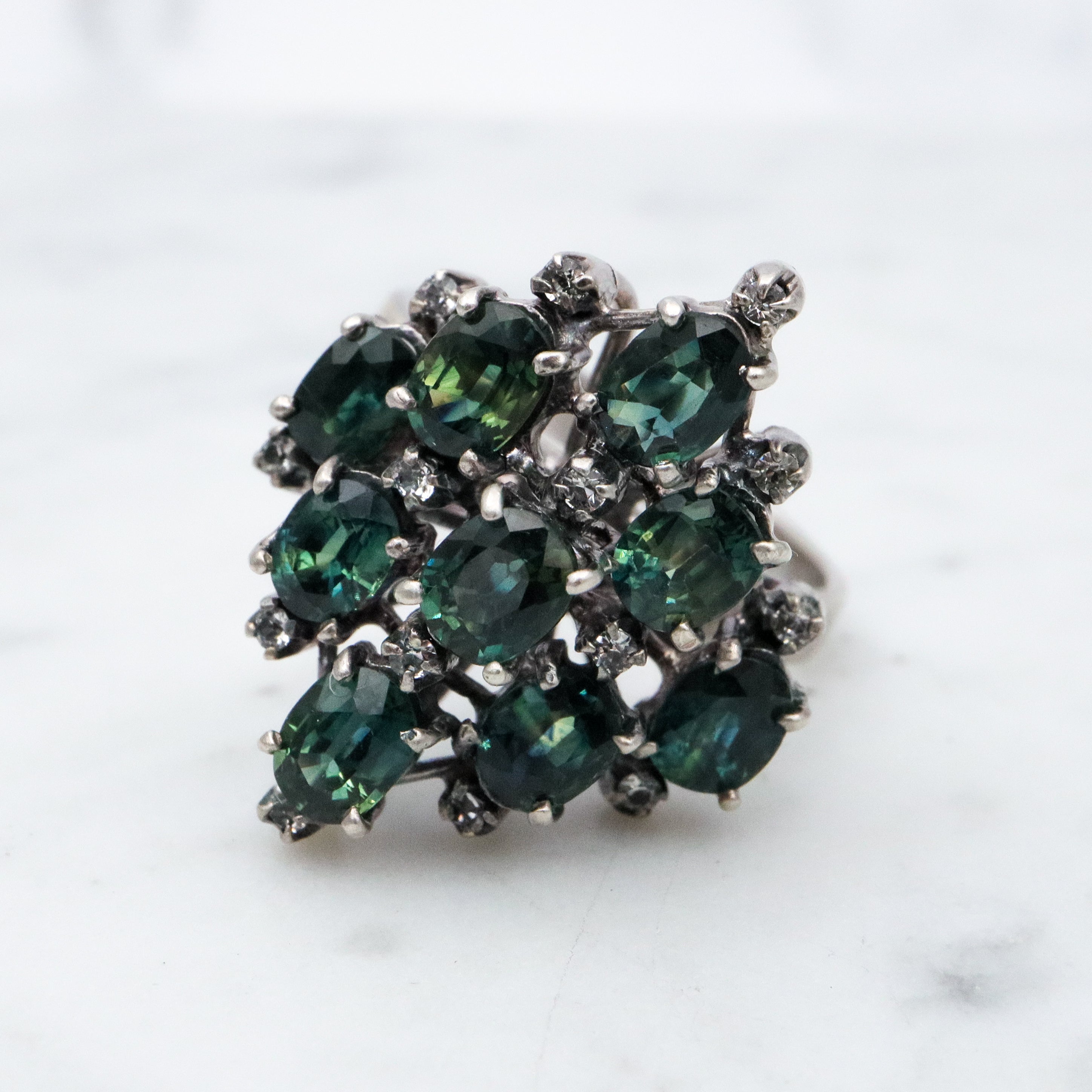 vintage London blue topaz & white zircon sterling cocktail ring, size 9